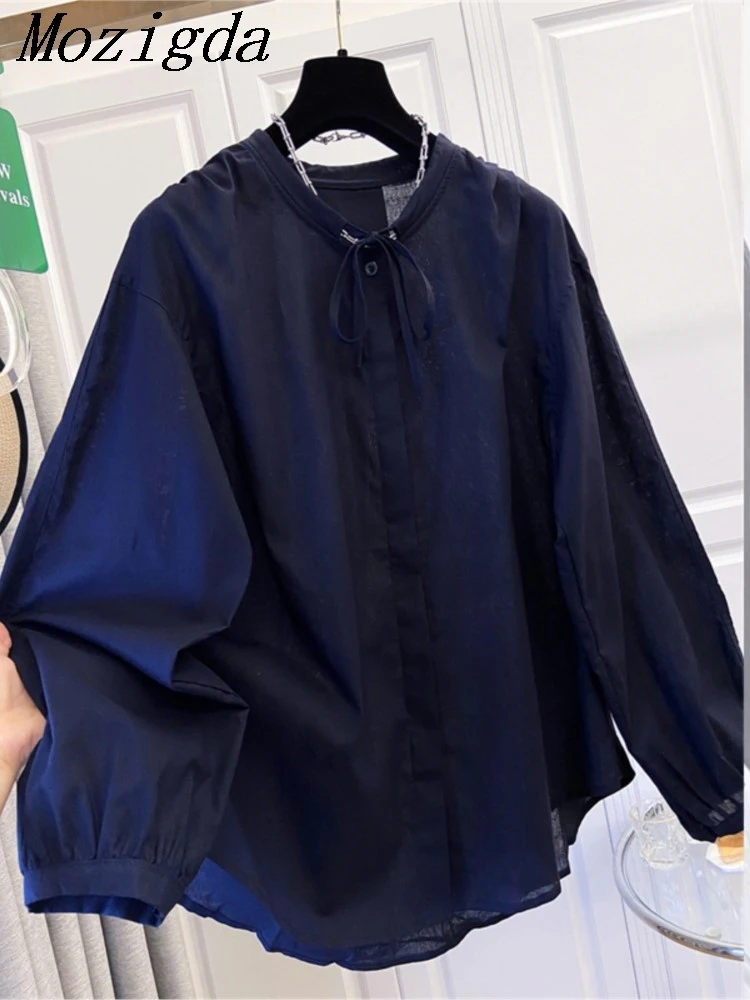 

Korean Chic Stand Collar Lantern Sleeve Shirt Casual Loose Design Lazy Shirt Folded Women's Button up Cotton Blend Shirt