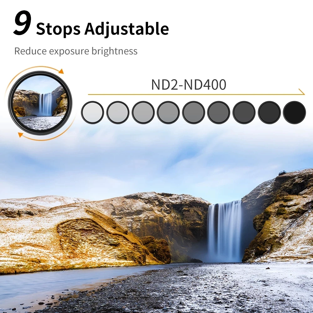 K&F Concept B-Series 67mm Variable ND2-ND400 Neutral Density Filter Kit ND2-400 Filter with Lens Cap 67mm 72mm 77mm 82mm