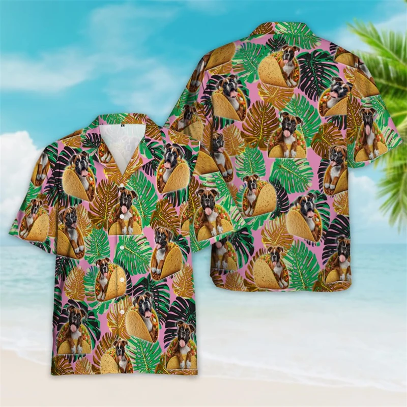 Tropical Dog Taco Graphic Beach Shirts Hip Hop Button Clothing Fashion Beagle Pug Short Sleeve Hawaiian Yorkshire Terrier Shirts