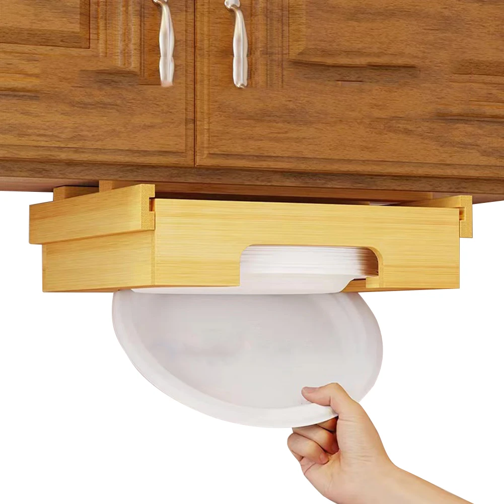 

10-Inch Bamboo Under Cabinet Plates Holder Paper Tray Storage Rack Disposable Paper Tray Dispenser for Kitchen Counter