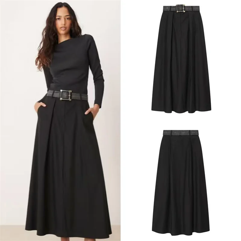 

Women's Midi Skirt 2026 Summer Belt Layered Fashion Casual European and American Street Style Elegant High-End Women's Skirt