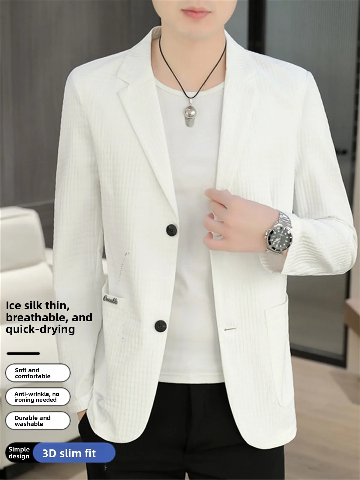 

High-End Lightweight Casual Men's Busin Suit Bubble Cloth Elastic White Sli Single-Breasted Jaet for Spring Autumn