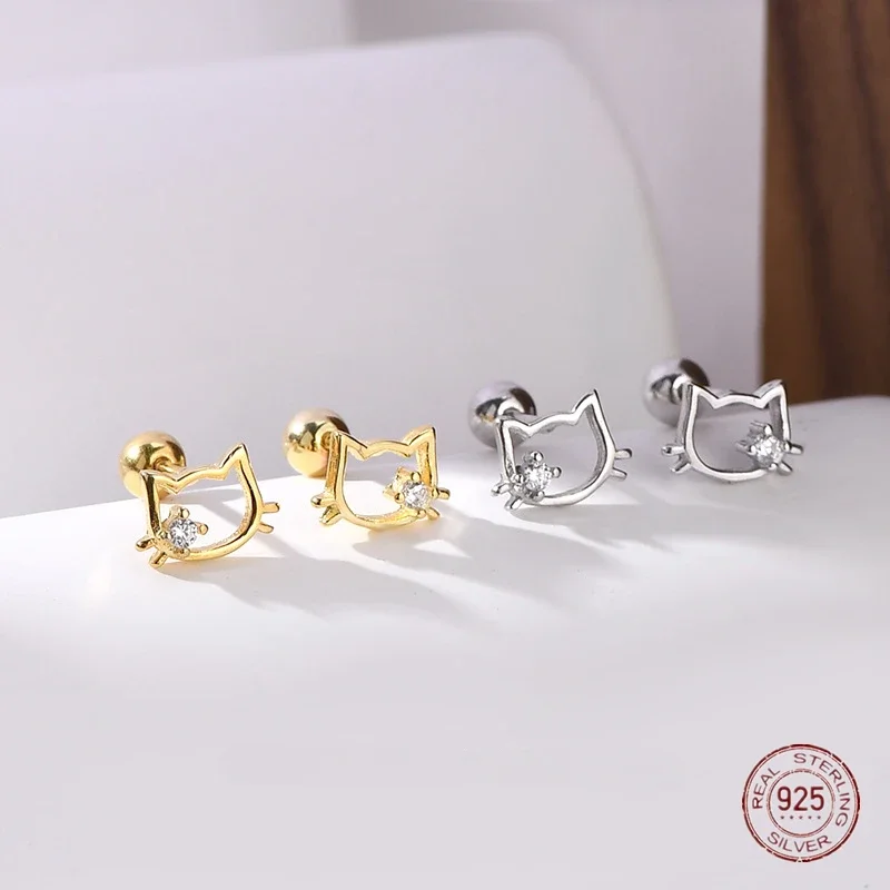 925 Sterling Silver Cat Animal Stud Earrings for Girls Cute Hollow Zircon Mini Korean Screw Earring Lady Student Jewelry Gift