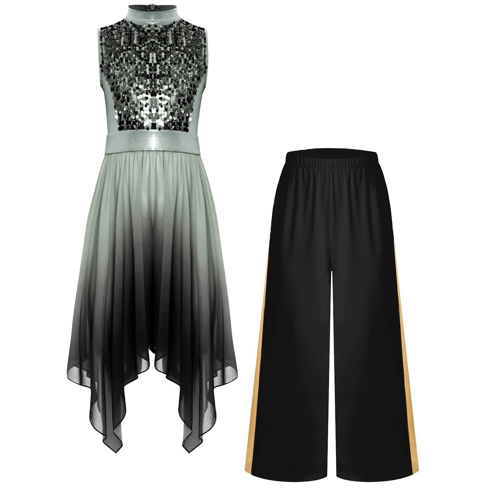 키즈 소녀 교회 찬양 댄스 의상 세트 스팽글 바지와 겸손한 드레스 서정적 예배 팀 공연 유니폼 댄스웨어