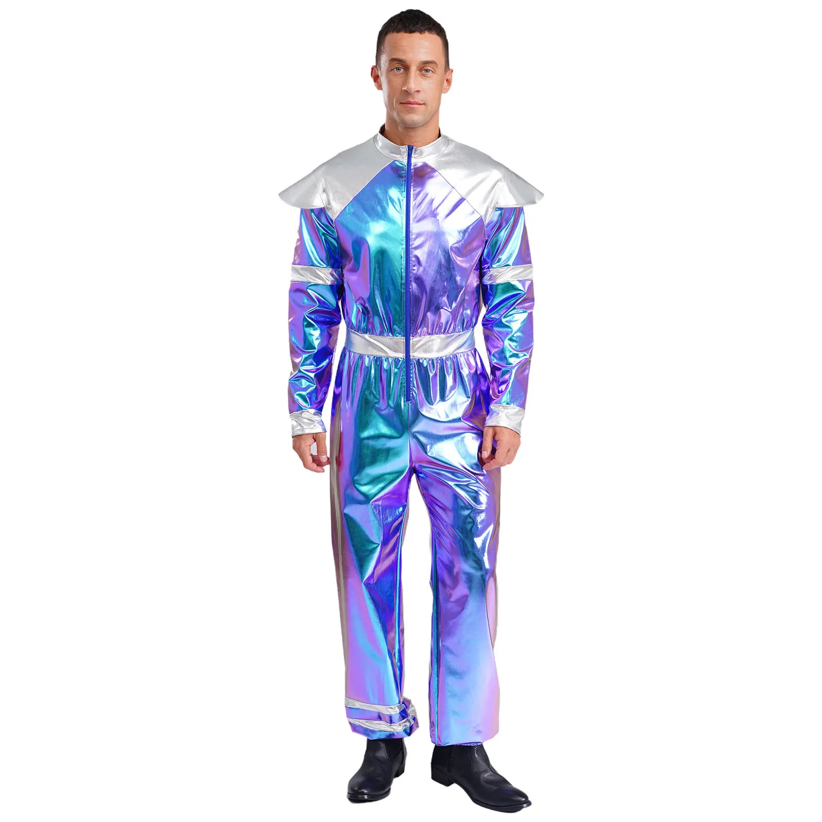 

Men Space Alien Dress Up Costume One Piece Long Sleeves Jumpsuit Deluxe Shiny Metallic Robot Outfits for Halloween Space Party