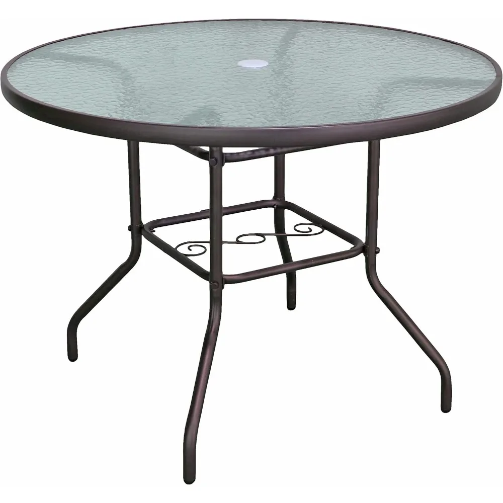 Outdoor Patio Furniture, Round Dining Table, Steel Base and Rim with Waterwave Glass Top