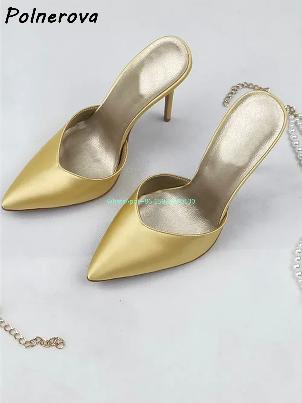 Satin Pearl Chain Slippers Pointy Toe Thin Heels Slip On Ankle Strap Shoes Sexy Elegant Banquet Luxury Fashion Stiletto Shoes