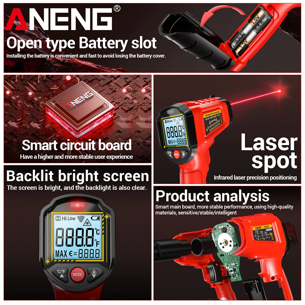 ANENG TH202 Thermometer Non Contact Hygrometer IR Laser Heat Handheld Temperature Gun LCD Backlit Display Screen Pyrometer