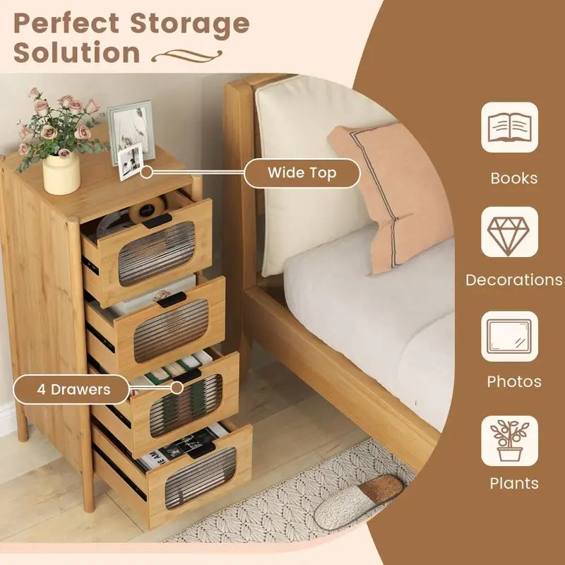 

4-Drawer Dresser Bamboo Storage Cabinet with Fluted Tempered Glass Drawers-Natural