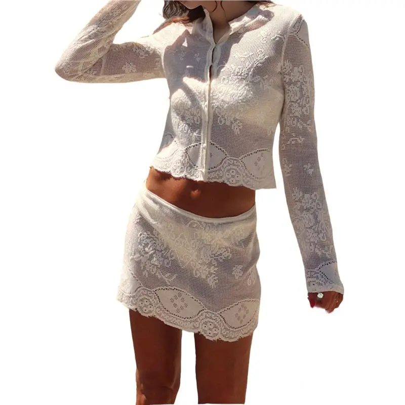 Womens Crochet Swim Cover Up 2 Piece Lapel Long Sleeve Crop Tops Beach Boho Mini Coverup Set-[T34-2026]