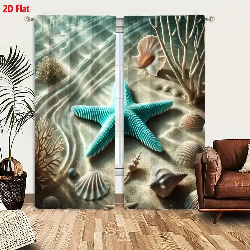 2Pcs Curtains 2D Flat Underwater Scene With Sandy Ocean Floor Sunlight Turquoise Starfish Seashells Corals And Pearl-Like Object