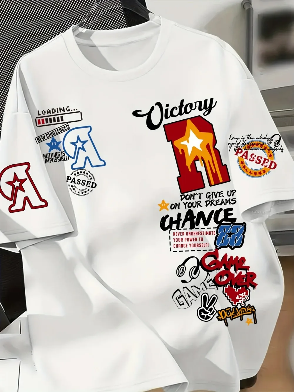 Hip‑Hop Street Unisex T‑Shirt Varsity Graffiti Multi‑Slogan Letter‑Star Print Oversized Short Sleeve Tops Black White