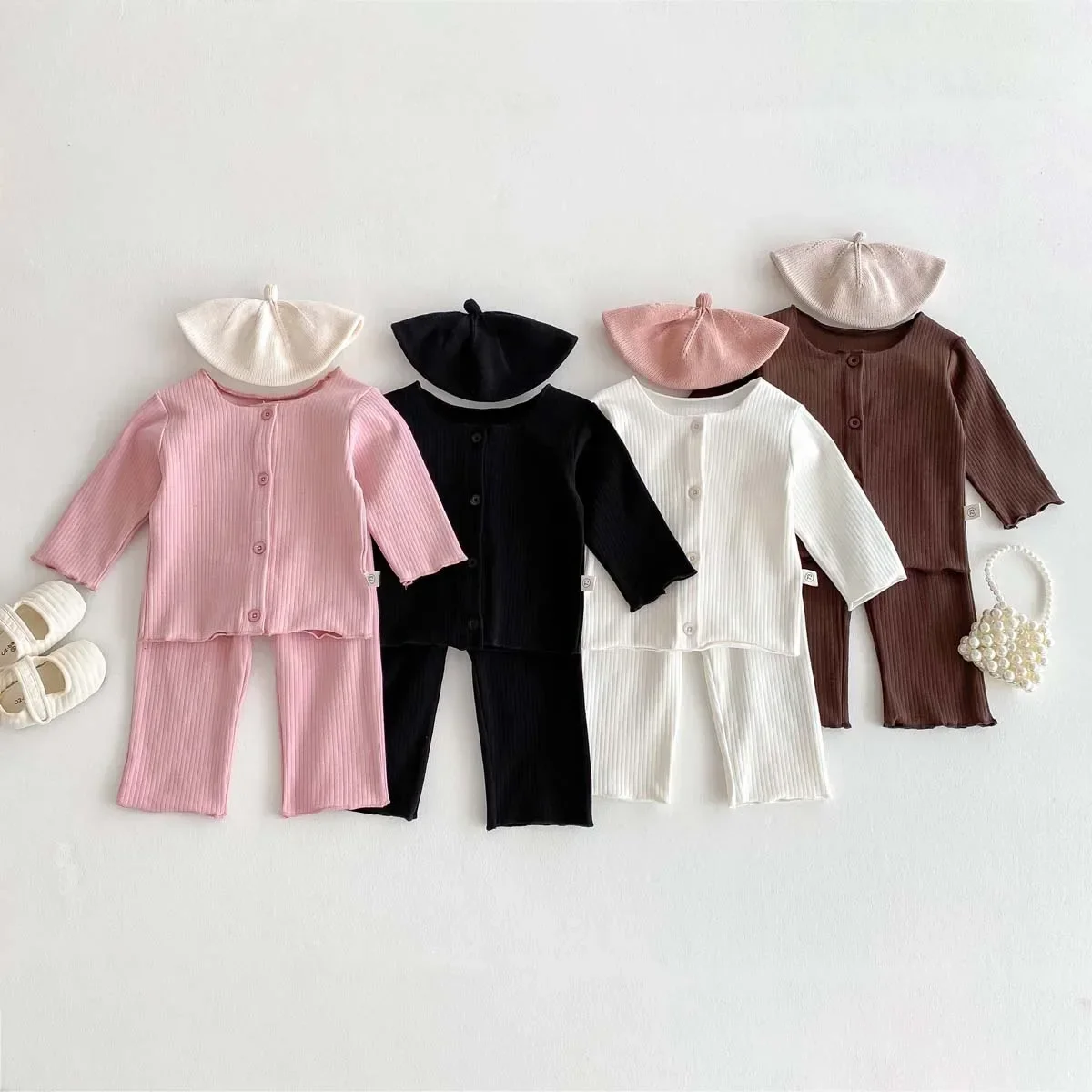 

2024 Autumn Spring New in Kids Baby Girls Pit Strip Casual Clothing , Infant Toddler Solid Color Top Cardigan Pants 3M-3Y