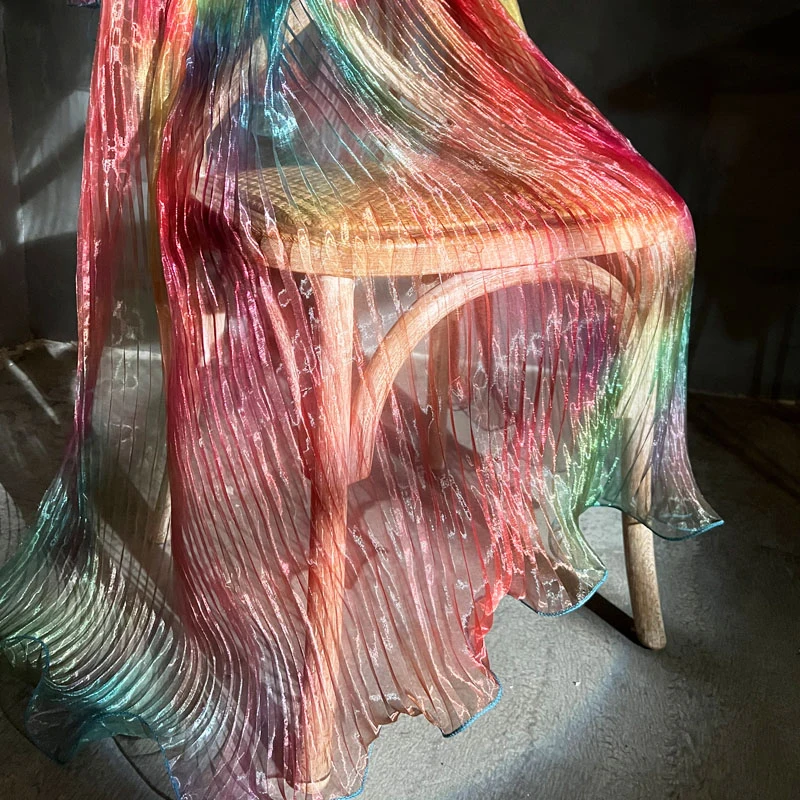 

Iridescence Halo Dyed Organza Fabric Rainbow Gradient Accordion Pleated Laser Wavy Edge Mesh Fabric Performance Dress DIY Sewing