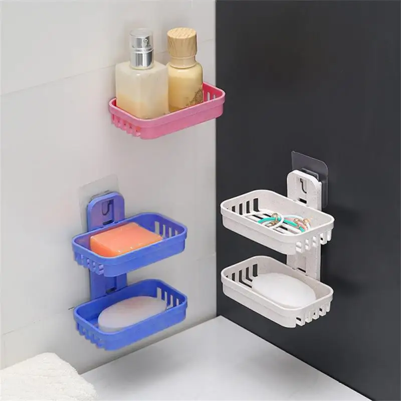 Soap Dishes No Drilling Wall Mounted Double Layer Soap Holder Soap Sponge Dish Bathroom Accessories Soap Dishes Self Adhesive