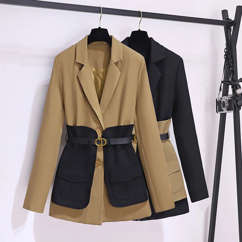 New 2024 Autumn Winter Blazer For Women Patchwork Color Korean Fashion Design Casual Coat And Jacket Women With Belt Outwears