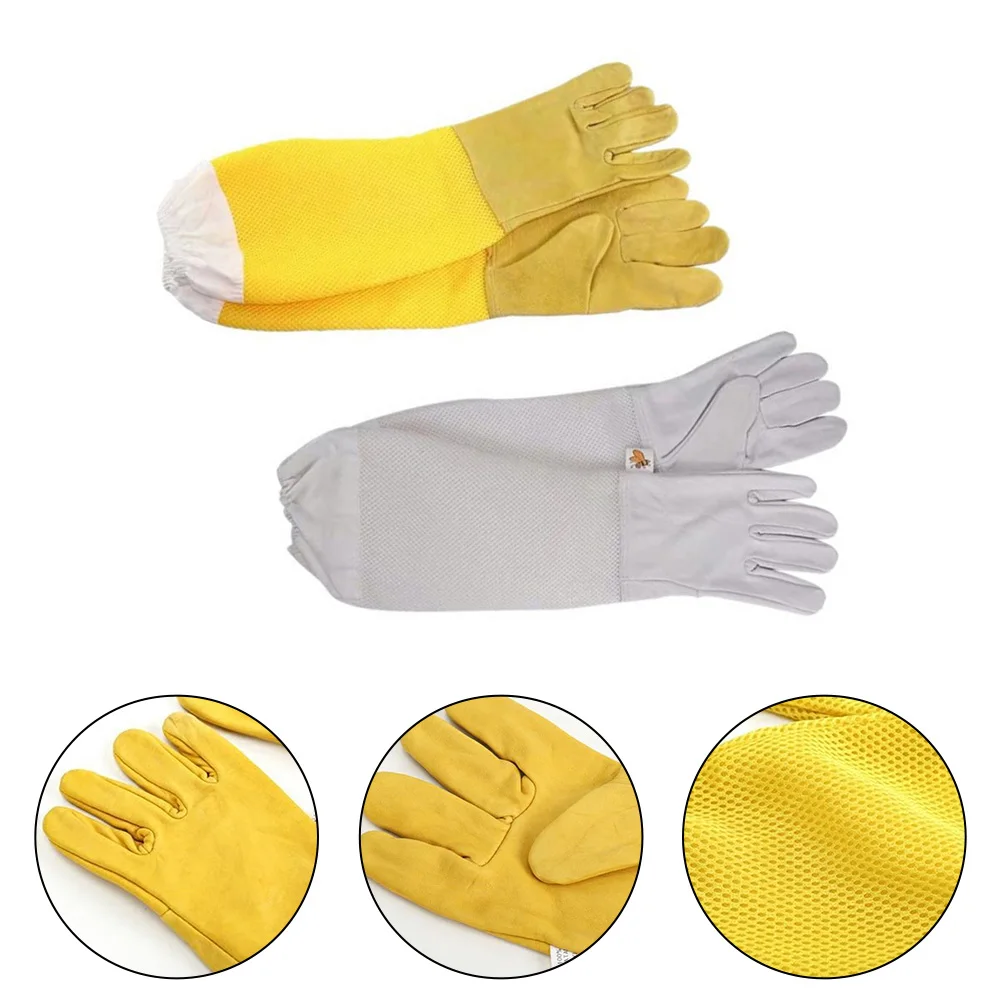 1 Pair Of Anti Bee Gloves Yellow And White Sheepskin Long Mesh With Hollow Out Maximum Flexibility While Handling Tools