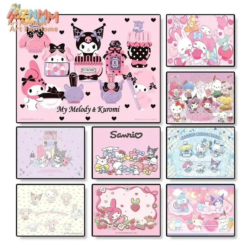 AZNM My Melody Kuromi Sanrio Characters Canvas Poster Pink Cute Cartoon Wall Art Print Girls Room Decor Unframed Painting