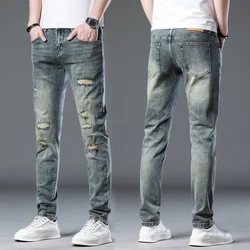 Pantalones vaqueros de alta calidad para hombre, jeans retro ajustados, elásticos, informales, versátiles, largos, rasgados, 2024