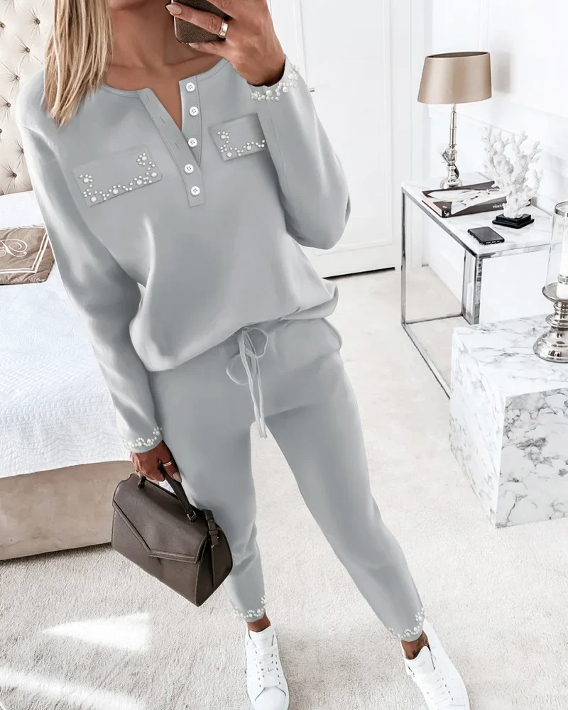 Two Piece Sets Women Solid Full Sleeve Pearl Round Neck Tops Lace Up Straight Long Pants Set Elastic Waist Casual Autumn 2023