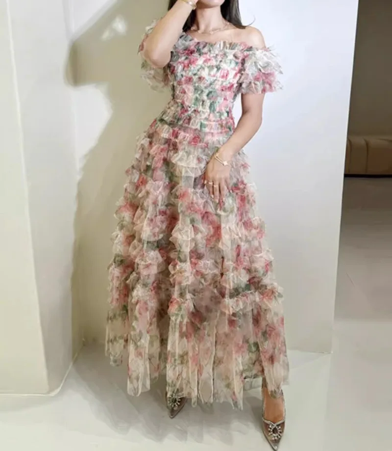 

Floral Printed Long Dress Women Summer Slash Neck Elegant Holiday Party Dresses Bodycon Tiered Ruffles Vintage Vestidos Street