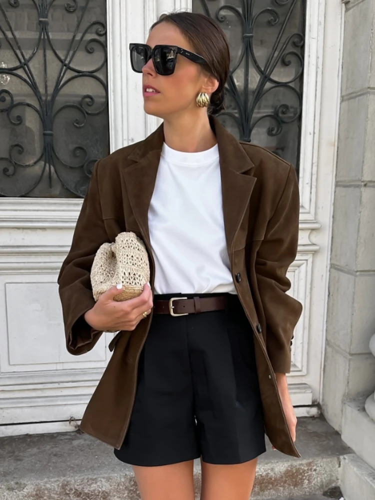 ZBZA Women Brown Retro Loose Blazer Jacket Lapel Single-breasted Long-sleeved Solid Short Outerwear Fall Winter Female Chic Coat