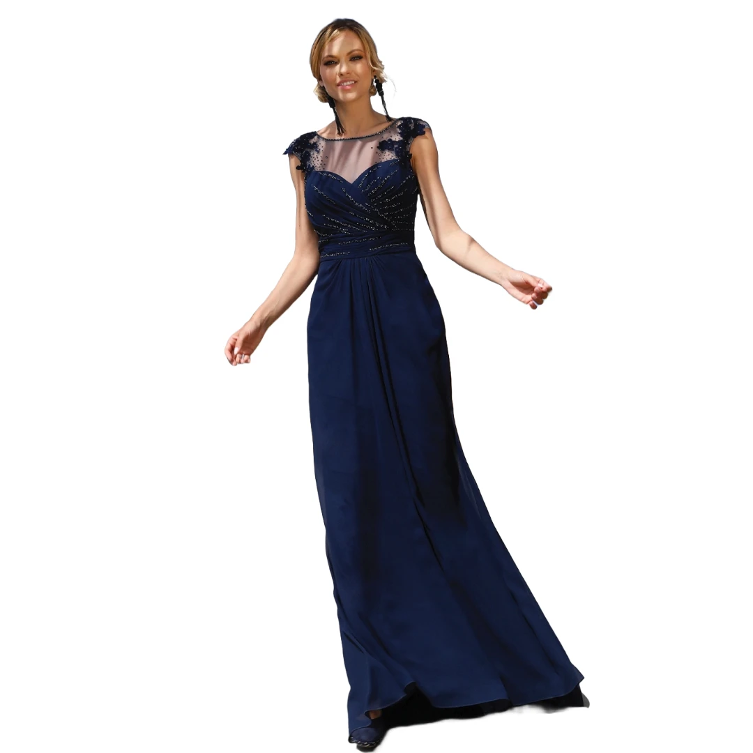 Customized Navy Blue Mother of the Bride Gown for Weddings Chiffon Fabric Beaded Lace Sheer Jewel Neck Sleeveless Floor Length