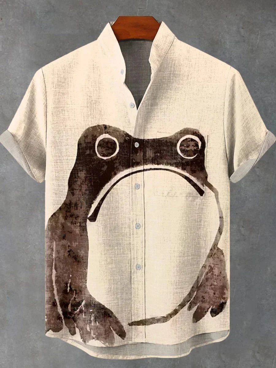 2025 Summer Japanese Frog Retro Art 3D Printing Casual Fashion Linen Men's Stand Collar Short Sleeve T-Shirt Trendy Men's Shirt
