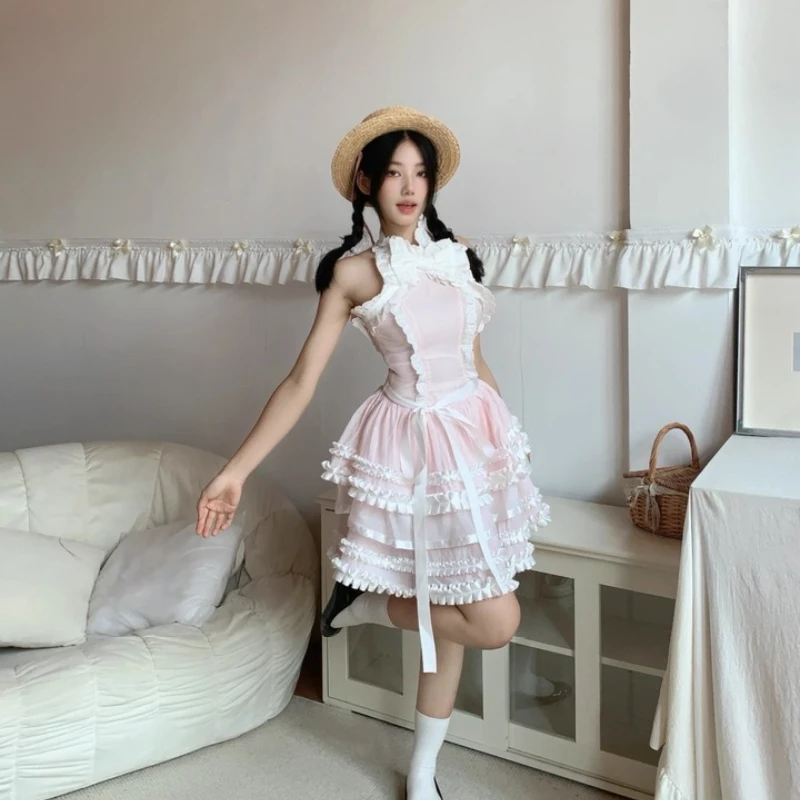 2025 verão novo rosa em camadas pesado artesanato feminino bolo vestido design coreano doce bonito idade-reduzindo arco sem mangas vestidos senhoras