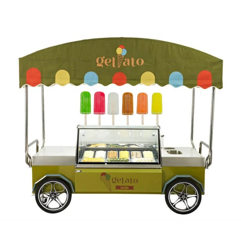 Multiple Models Ice Cream Display Cart Gelato Vending Trolley With Awning