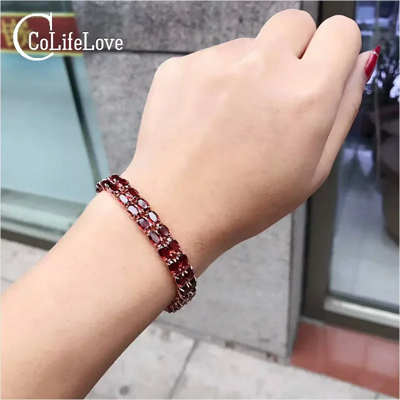 Real 925 Silver Garnet Bracelet 4mm*6mm Natural Garnet Stone Silver Bracelet 925 Silver Gemstone Bracelet