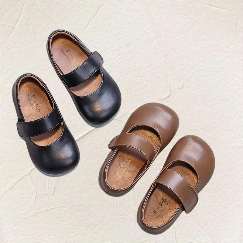 Sepatu pantofel kulit untuk anak-anak, sepatu pesta, sepatu datar modis Retro coklat padat lembut, sepatu gaun kulit kualitas tinggi untuk bayi perempuan umur 0-6 tahun