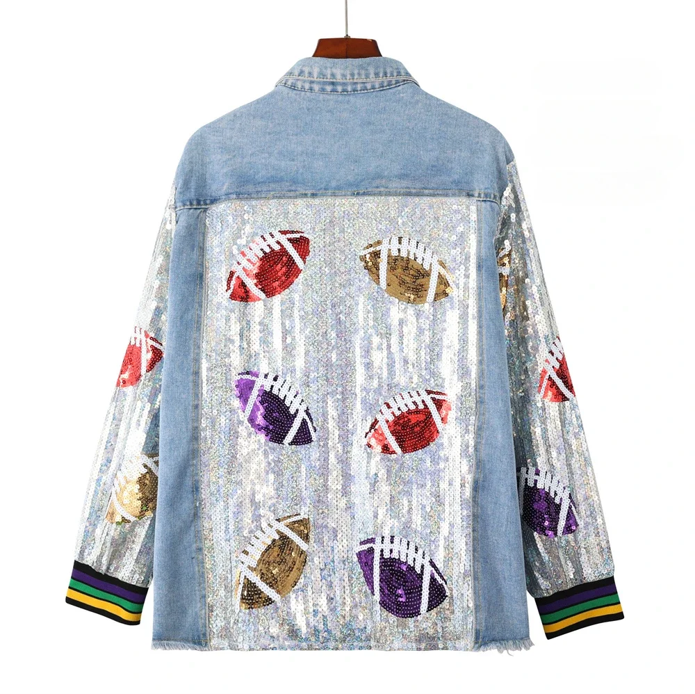 Autumn Winter New Turn-Down Collar Women's Long Sleeve  Streetwear Jackets Patchwork Color Sequins Hip Hop Female Denim Coats