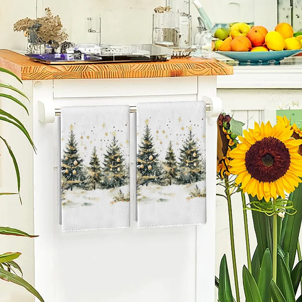 قطعتان من مناشف المطبخ على شكل شجرة عيد الميلاد الذهبية على شكل ندفة الثلج، مجموعة مناشف، قماش تنظيف ناعم فائق الامتصاص، منشفة شاي للطبخ والخبز، منشفة يد، قماش تنظيف، ديكور غرفة المطبخ، أساسيات المنزل #2