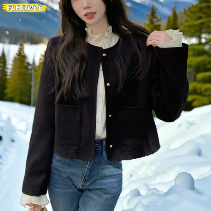 

Black Button Short Crop Coats Winter New Year Cute Sweet Girls Preppy Style Solid Casual Loose Pockets Short Jackets Outerwear