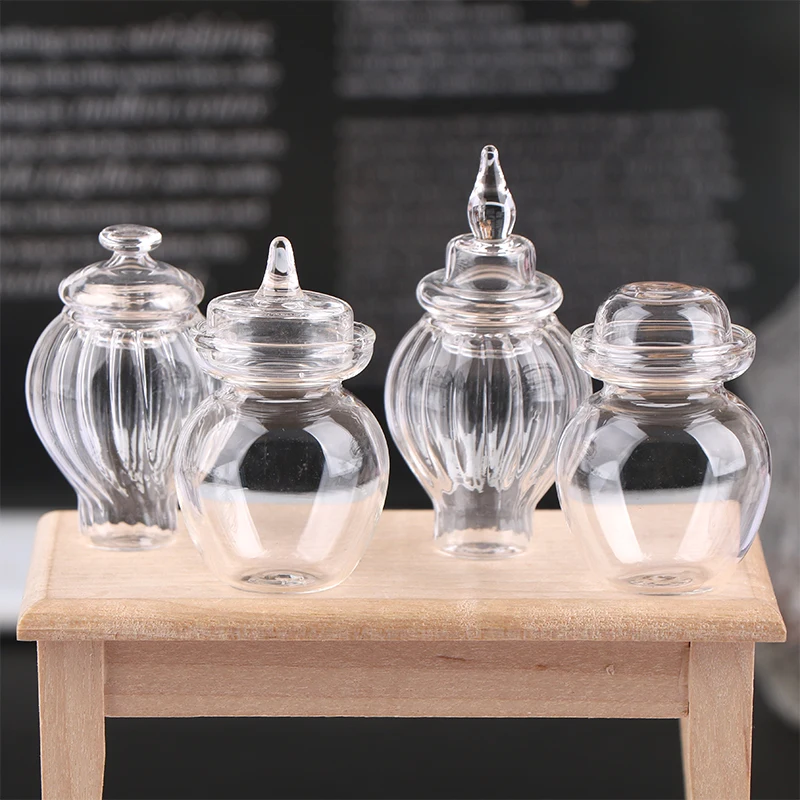 1:12 Dollhouse Miniature Pickle Jar Clear Glass Candy Jar Coffee Bean Storage Bottle With Cover Model Kitchen Decor Toy