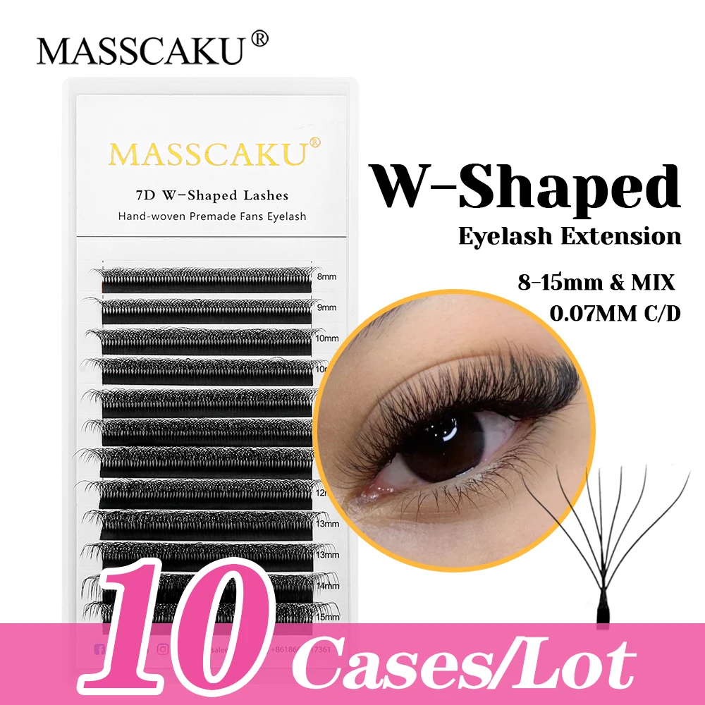 MASSCAKU Wholesale All Size 10cases/lot Individual Matte Black W Shaped Lash Synthetic Hair One Second Blooming W Style Eyelash