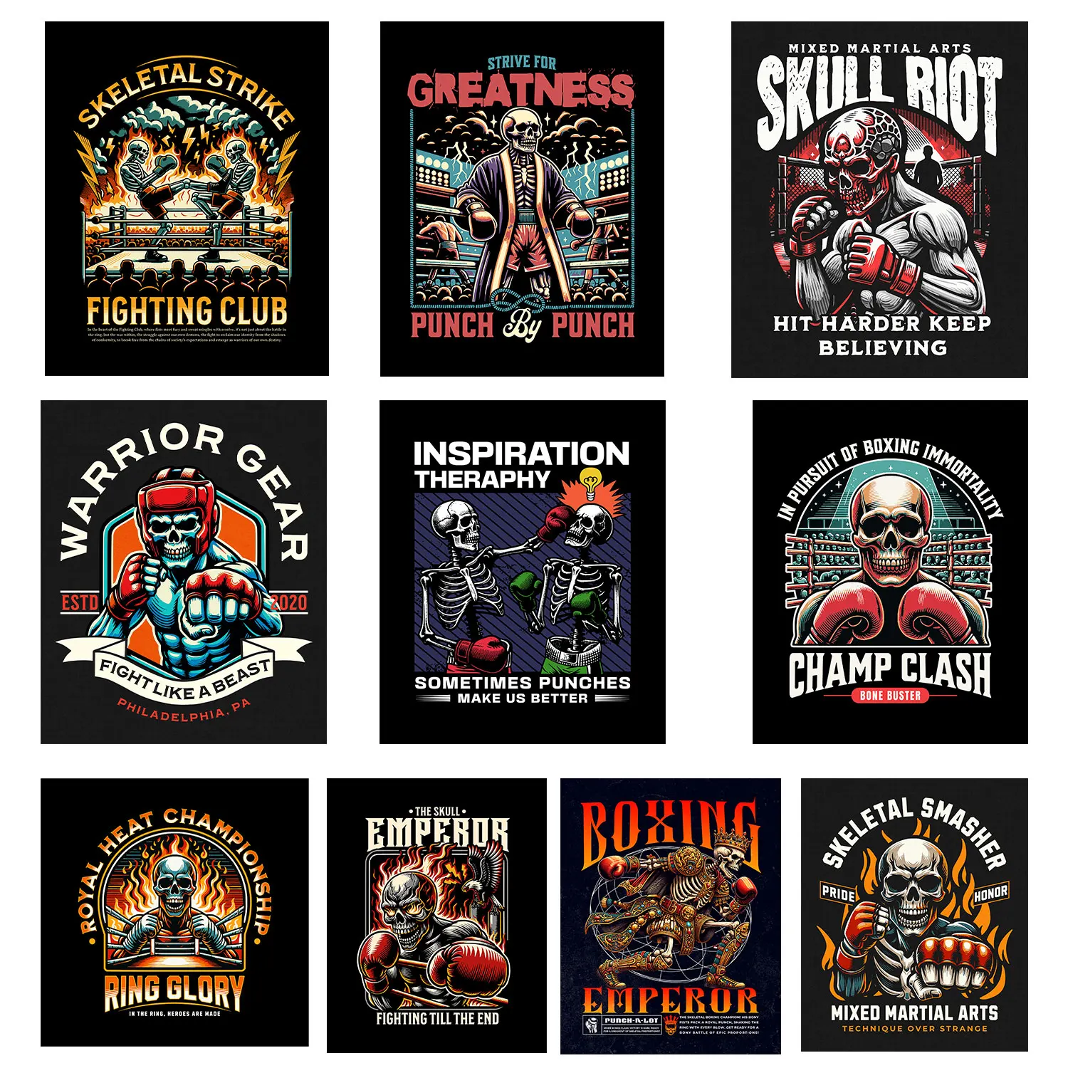 Fighting Club Boxing Skull Champ Clash Cool Powerful Sport Iron on Patches Applique for Cloth Colorful Creations Diy Craft