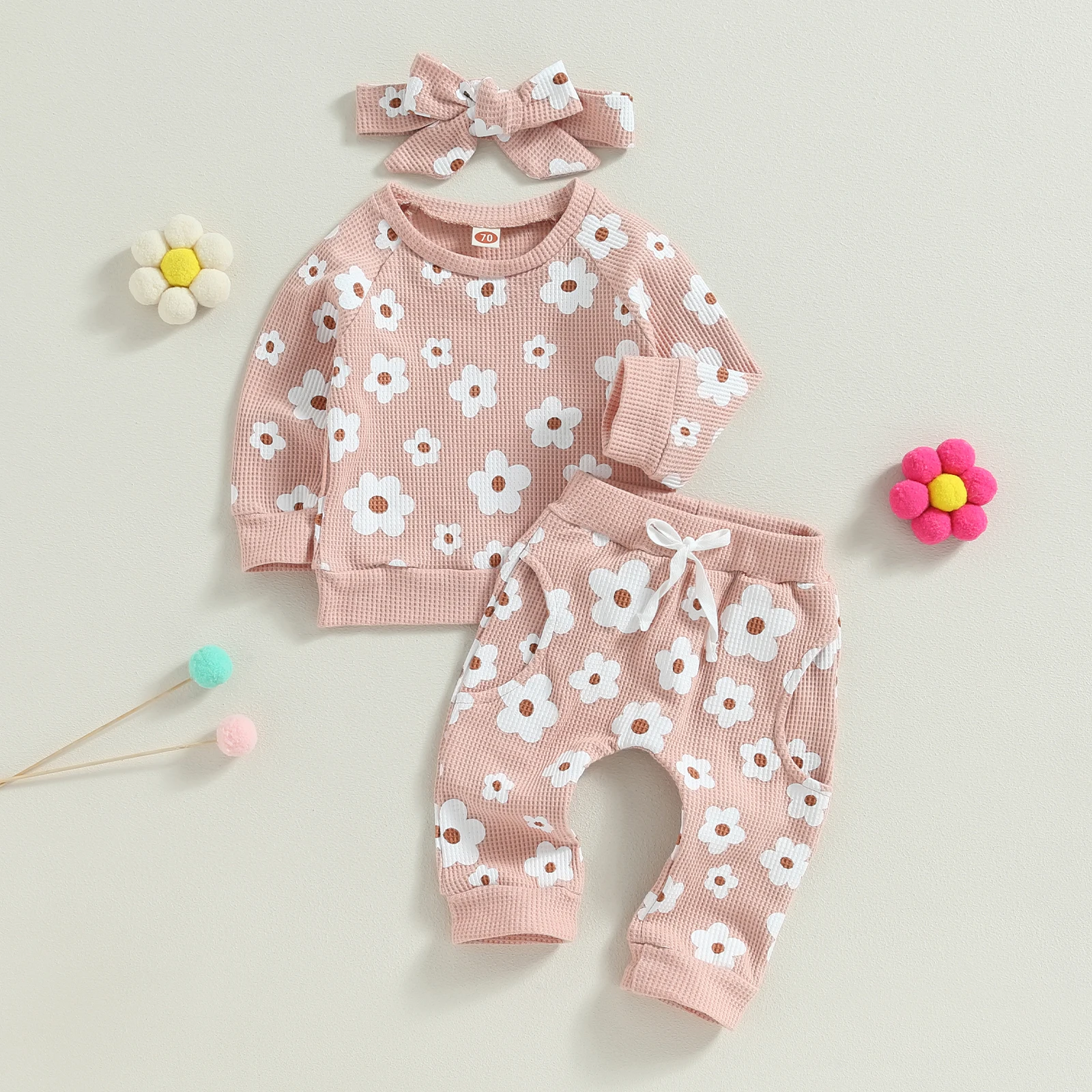 0-24M Infant Baby Girl Autumn Clothes Set 3pcs Flower Print Long Sleeve Sweatshirt Tops Pants Bow Headband