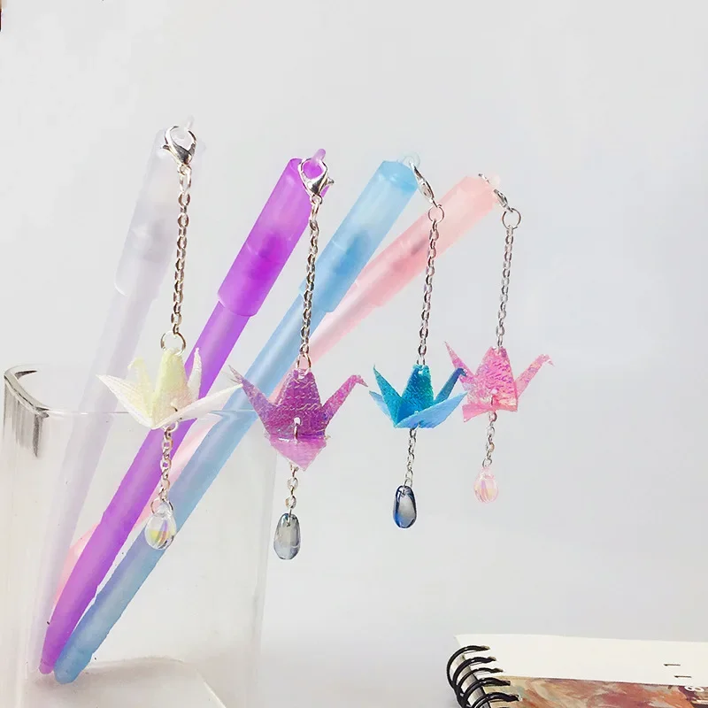 12PCS Creative Cartoon Student Black Ink Pen Laser Paper Cranes Drop Pendant Gel Pens Stationery Kawaii School Supplies