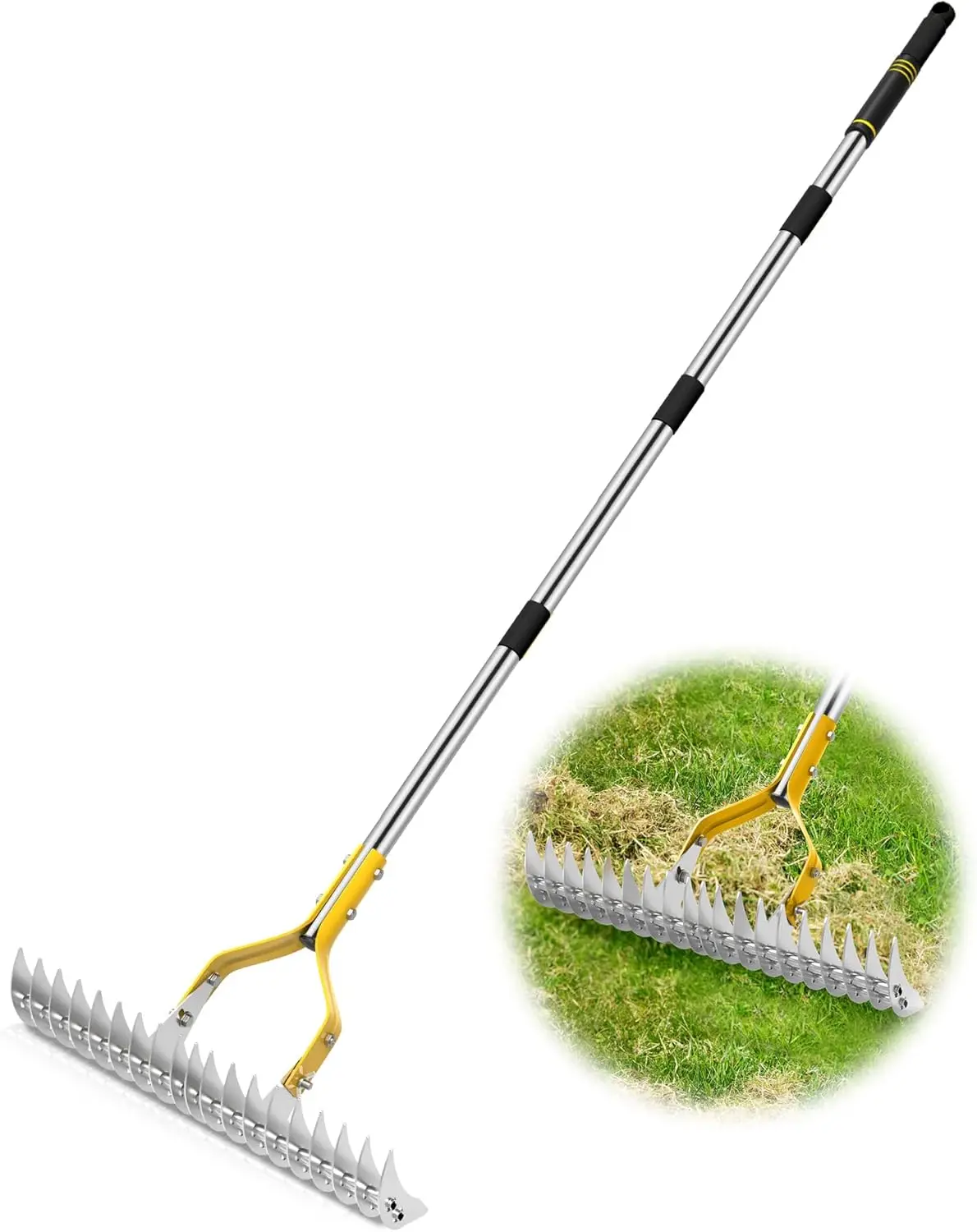 Grass Rake, Used for Cleaning Dead Grass 15inch Wide Lawn Grass Rake with Sponge Handle, High-Efficiency Metal Steel Lawn Weeder, Loose Lawn and Soil Grass Rake