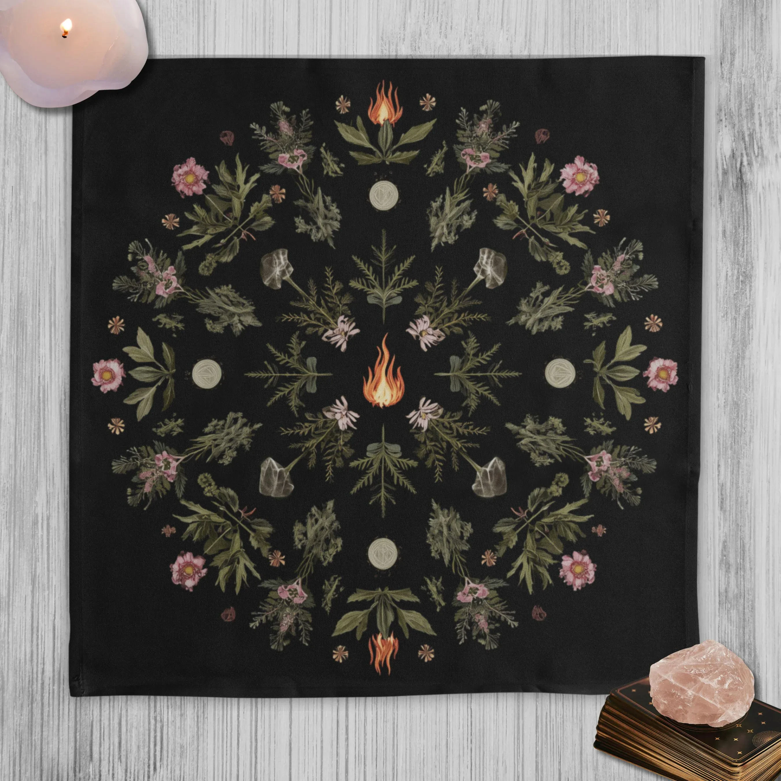 1pc Herbal Fire Altar Cloth, Wiccan Botanical Ritual Mat, Pagan Witchy Tarot Reading Cloth, Four Elements Sabbat Decor