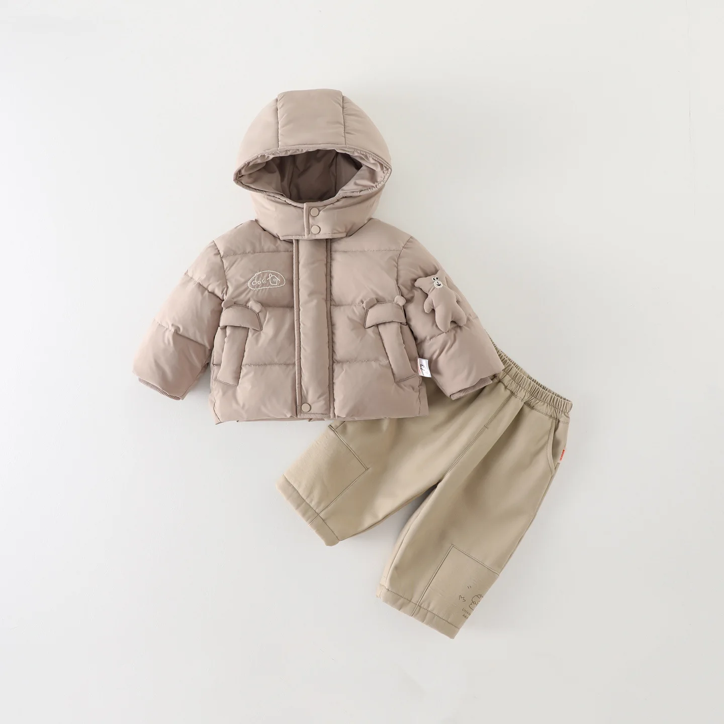Men's Baby Winter Clothes Long Sleeved Warm Parkas and Pure Cotton Tops and Elastic Waist Pants Three Piece Set