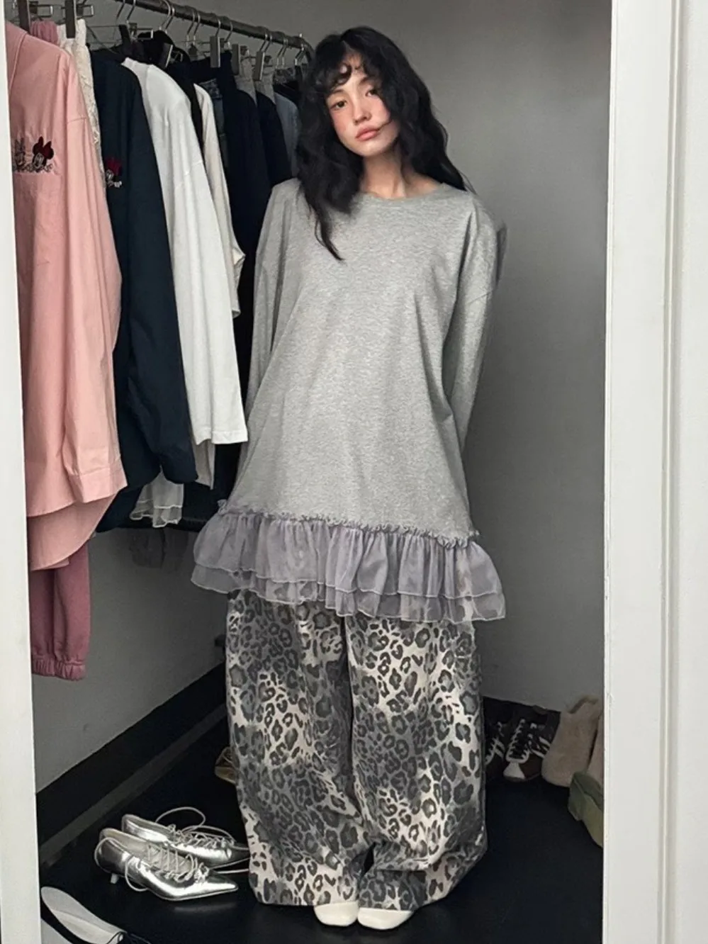 Tiger-Print-Freizeithose für Damen, Vintage-Stil, String, elastische Taille, lockeres, weites Bein, Fleischbedeckung, schlanke, gerade, bodenlange Hose