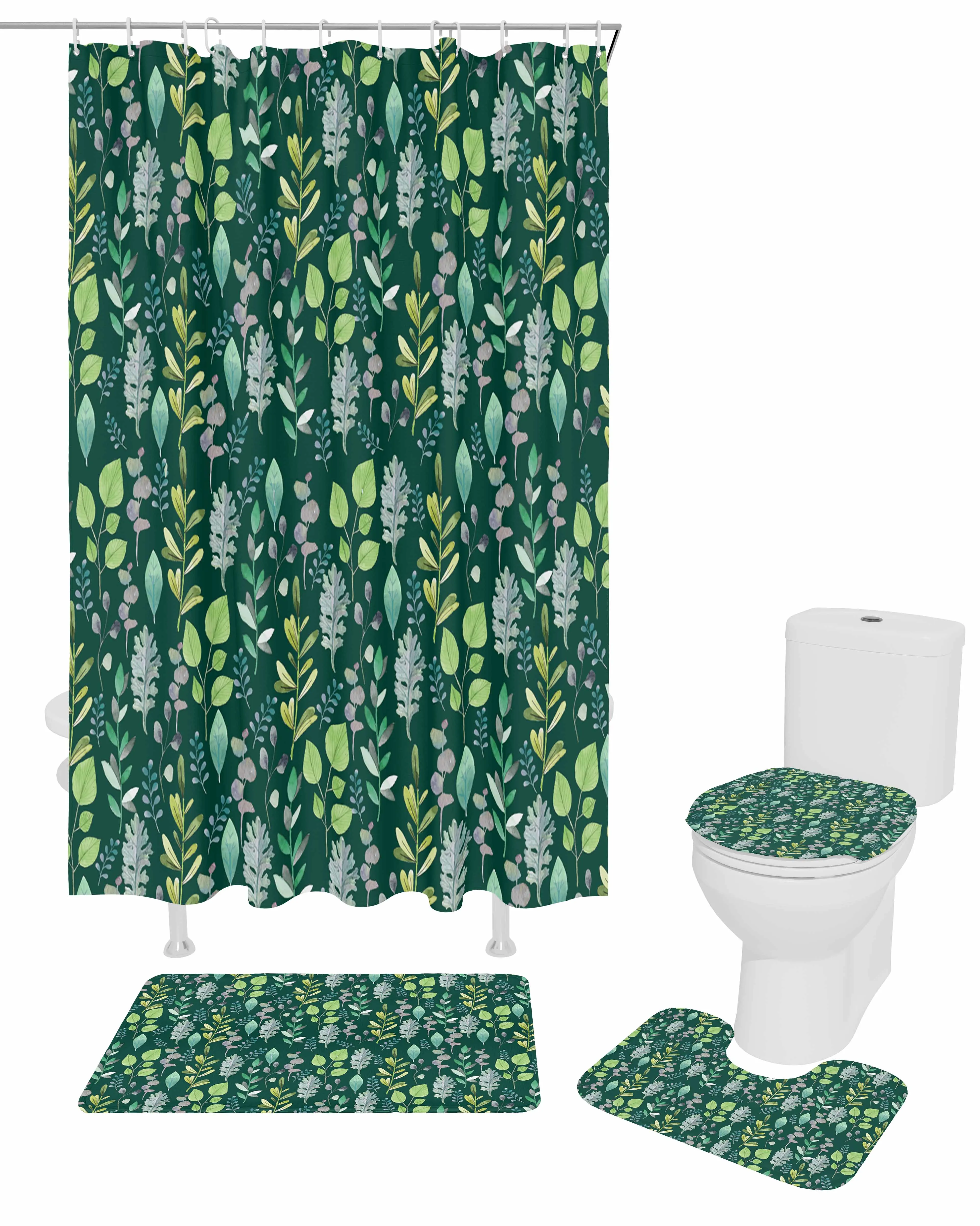 Green Leaf EucalyptusPolyester printed shower curtain bathroom set,luxurious curtainsabstract 4-piece setcoral fleece floor mat