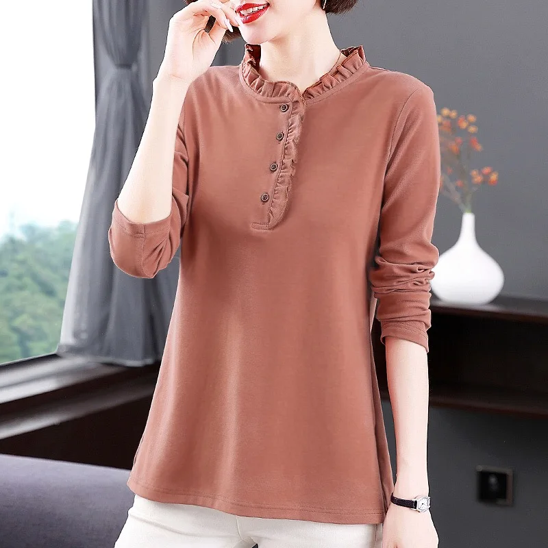 2024 Autumn New Fashion Solid Color T Shirt Woman O Neck Long Sleeve T-shirt Women European Style Female Button Shirts