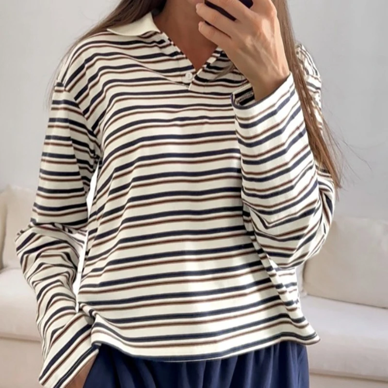 

2026 New European Cotton Striped Polo Shirt Women's High-end Commuting Temperament Long-sleeved Top