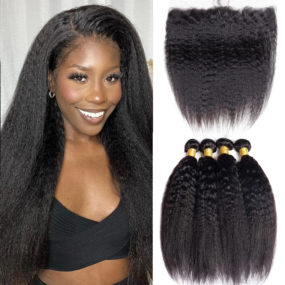 12A Mongolian Kinky Straight 3 Bundles With Closure Human Hair Bundles With HD Frontal Yaki Straight Weave Bundles With Frontal