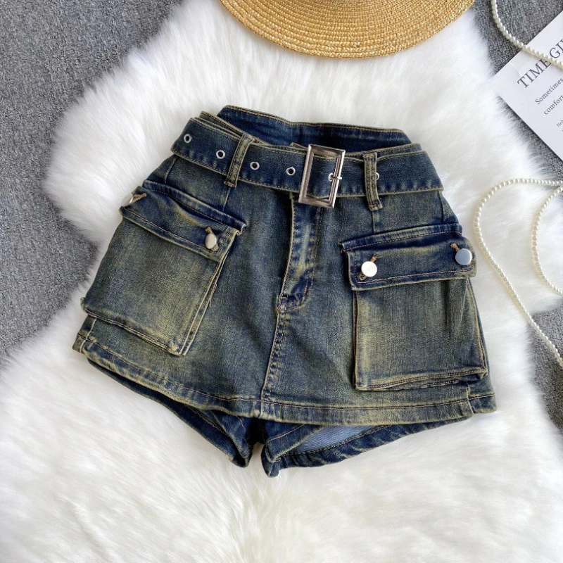 

American Retro Hot Girl Denim Shorts Cargo Style Culottes Female High-waisted Slimming Versatile Denim Shorts Age Reduction New