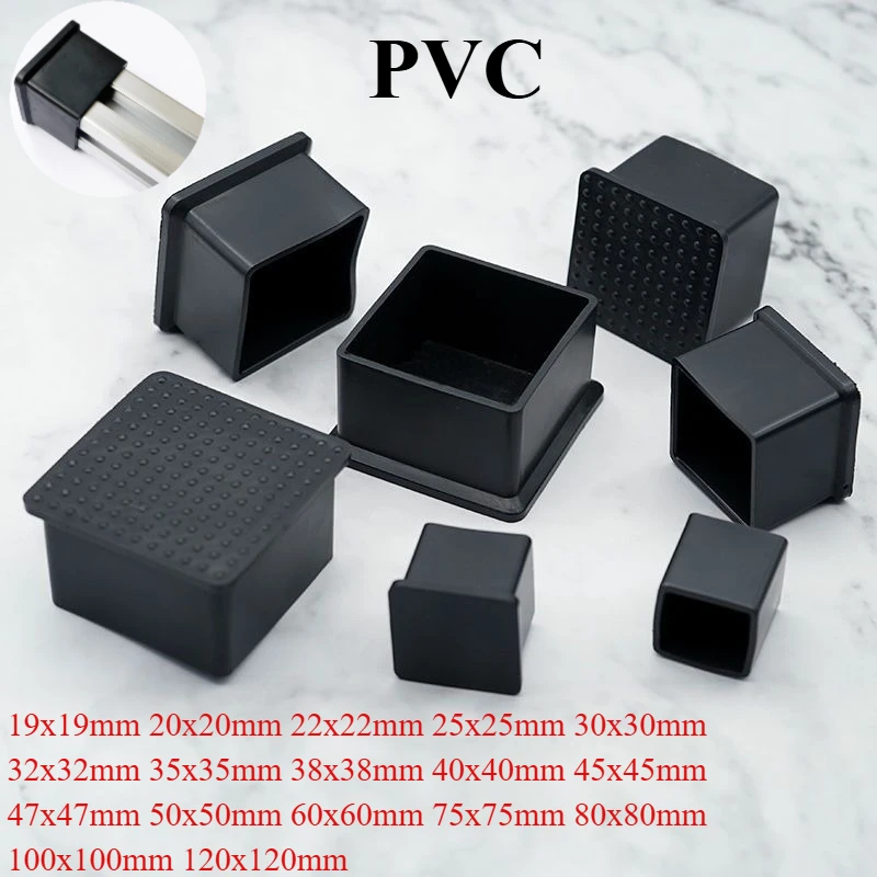 Square Black PVC Soft Rubber Pipe Sleeve Tube Cap Table Chair Foot Pad Protective Cover 19 20 22 25 30 32 35 38 40-120mm